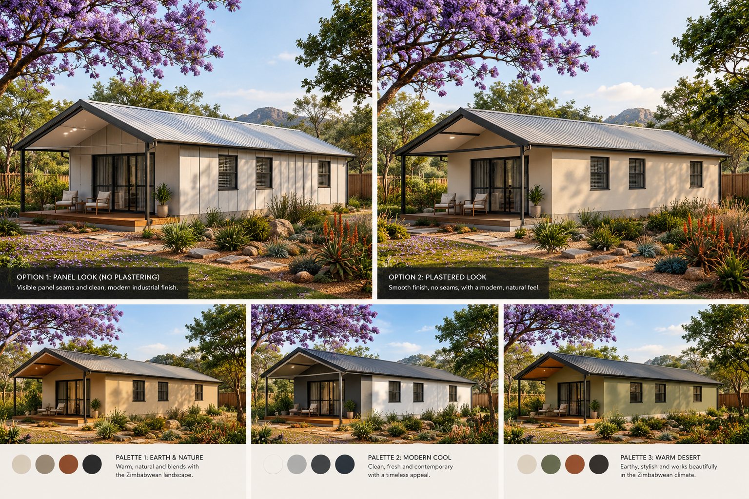 Artist's impressions of version B: panel and plastered finishes and three colour palettes