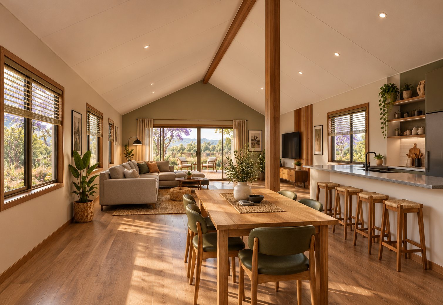 Artist's impression of the open-plan living, dining and kitchen, with a vaulted ceiling, central pillar and glass sliding doors to the verandah
