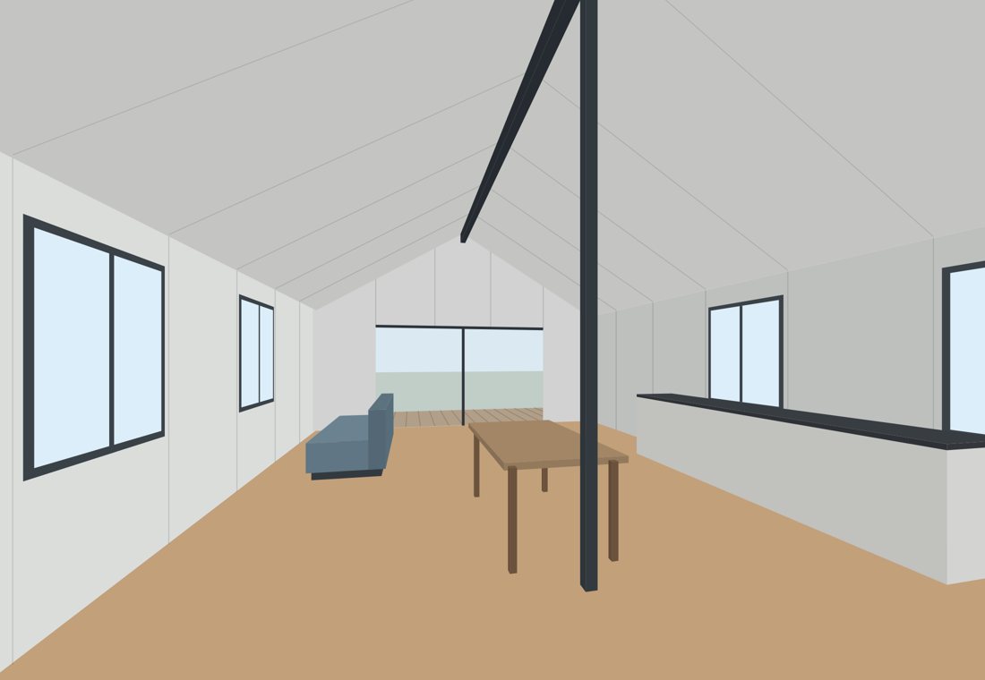 3D model view of the version B living area looking to the glass slider